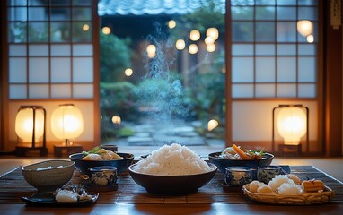 Steaming rice in a bowl, traditional Japanese dinner setting, warm lighting, serene atmosphere.