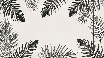 Illustration of palm leaves in black and white forming a frame on a neutral background