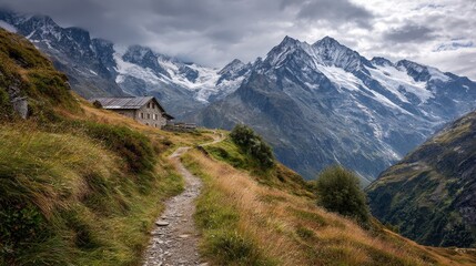 A narrow alpine trail leading to a mountain hut with panoramic views of the Swiss Alps' dramatic peaks