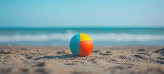 Obraz premium Sandy beach with sand and rolling calm wave of turquoise ocean on Sunny day on blue sky background. Summer concept, copy space. 