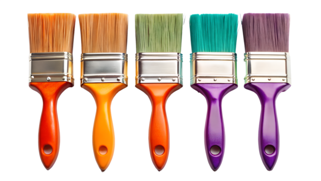 Vibrant Set of Paintbrushes with Colorful Bristles for Artistic Projects on Transparent Background set five