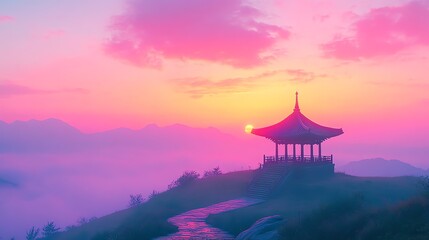 Serene sunrise over misty mountains, showcasing a traditional gazebo. Peaceful Asian landscape.