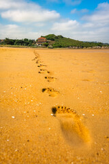Barefoot footsteps in the beach area in northern Spain, Cantabria.