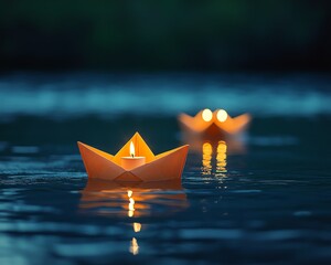 Two glowing paper boats with candles float serenely on dark water at night.