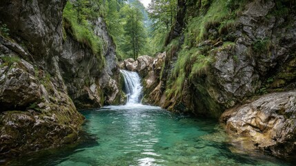 A narrow waterfall flowing through a rocky canyon in the heart of Europe with clear turquoise water below