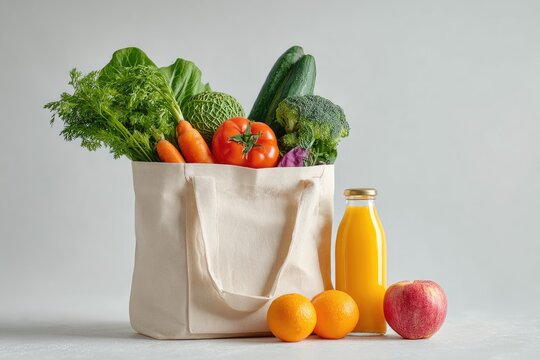 A beige reusable tote bag overflowing with fresh produce carrots, broccoli, cabbage, cucumbers, leafy greens, a tomato, and a purple vegetable; accompanied by an orange juice bottle - Powered by Adobe