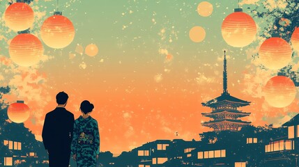 Romantic couple silhouetted against a vibrant Japanese cityscape at sunset, adorned with lanterns and a pagoda.