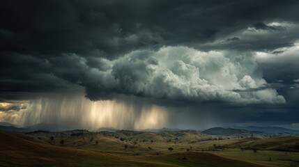 High-quality photo of dramatic stormy sky with dark clouds and heavy rain pouring down over a landscape.