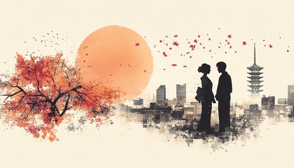 Silhouette of a couple against a Japanese cityscape sunset. Autumn leaves and a pagoda.