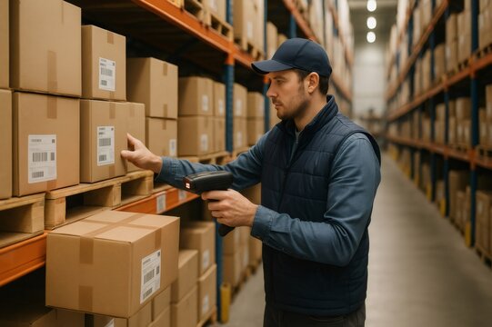 Worker in a warehouse uses a barcode scanner to sort and organize packages on shelves, ensuring accurate inventory management and distribution