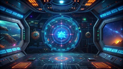 Obraz premium Futuristic Sci-Fi Interface Displaying A Network Of Colors And Lights In A Cosmic Setting 