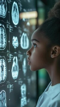 Young woman focused on medical brain scans in a digital setting, possibly working with advanced imaging technology for neuroscientific research.
