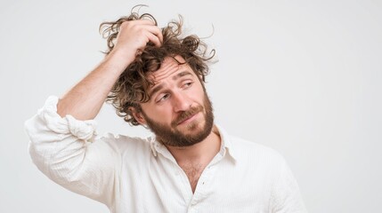 A man feeling puzzled, scratching his head, squinted eyes, trying to understand something, white backdrop