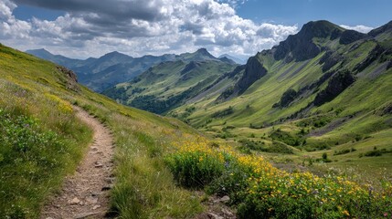 Naklejka premium A peaceful alpine trail lined with colorful wildflowers leading explorers through rolling green hills and rugged mountain terrain