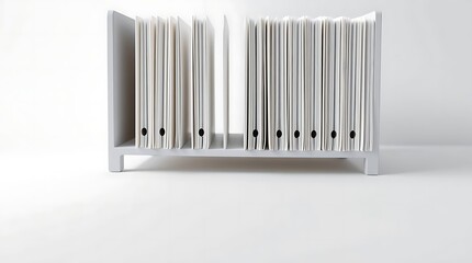 Organization of paper folders standing on a white shelf on a white backdrop