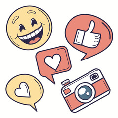 Collection of social media icons and a vintage camera in a playful doodle style