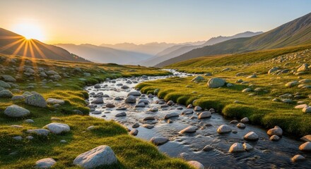 Serene Mountain Stream at Sunset A Tranquil Landscape of Nature's Beauty