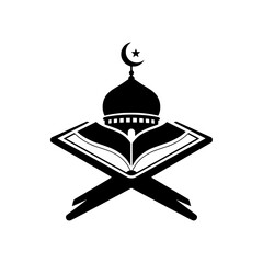 A black vector illustration depicting an open Holy Quran on a rehal (Quran stand), with a mosque dome and crescent moon and star silhouette above it. 