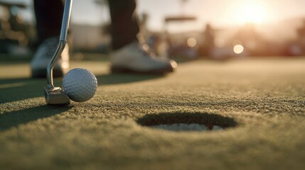 A professional golf moment captured close-up as putter aligns behind the ball during a calm morning game