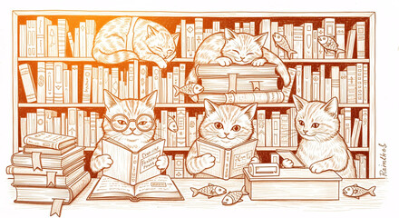 Cute Cartoon Cats Reading Books on Bookshelves - Whimsical Ink Line Art