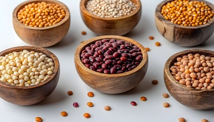 Bowls of grains, neutral food still life.