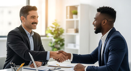 Two smiling businessmen shaking hands show teamwork and corporate partnership in the office.