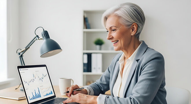Smiling mature woman working on a laptop, analyzing financial charts in a bright, modern office setting, displaying expertise.