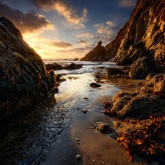 Golden Sunset on a Rocky Coastal Beach