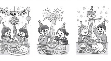 New Year Celebration with Noodles and Cats: Monochrome Illustration for Festive Mood.