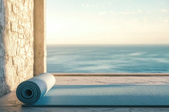 Yoga mat by the ocean, serene coastal scene, peaceful morning exercise. - Powered by Adobe