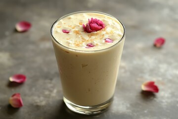 Creamy, refreshing rose milk shake garnished with rose petals, a delightful summer beverage.