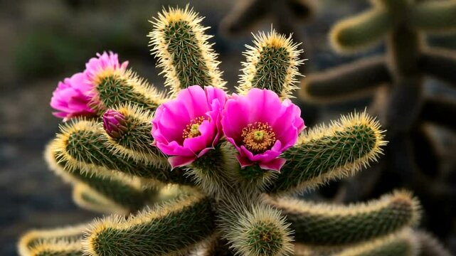 Teddy bear cholla cactus blooms in Arizona desert displaying delicate pink flowers