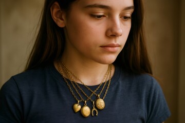 Teen wearing multiple vintage gold necklaces, each with unique pendants, creating a layered and stylish look against a plain background