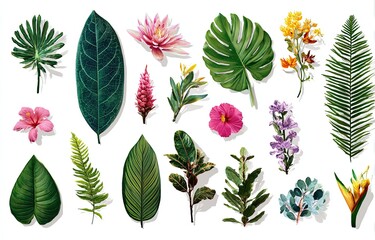 Fototapeta premium Vibrant collection of tropical flora, including diverse leaves, flowers, and stems, meticulously arranged against a stark white backdrop, showcasing their rich colors and textures