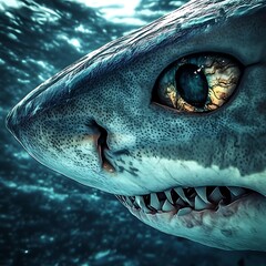 Naklejka premium Intense shark eye close up underwater view high resolution picture