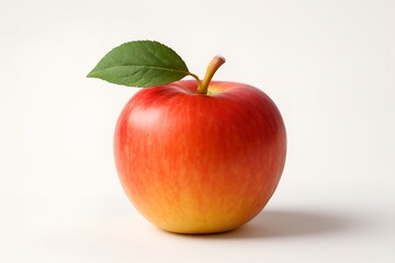 Single Red Apple with Green Leaf on White Background Studio Shot