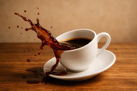 Coffee splash from white cup on wooden table dynamic visual for energy drinks coffee branding and caffeine lifestyle content