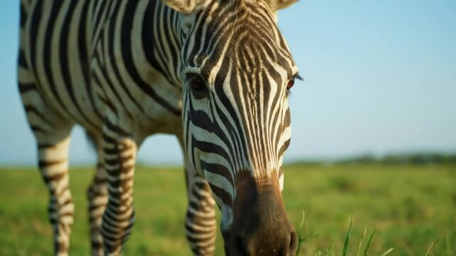 A zebra stands in a grassy field its striped face in focus