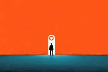 Obraz premium A lone silhouette of a person standing before a glowing archway with a red circle, symbolizing new opportunities, choices, and the concept of entering a fresh path or unknown future