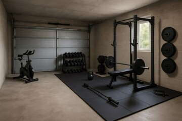Well equipped home gym setup in a garage environment, showcasing a variety of exercise equipment for strength and cardio training