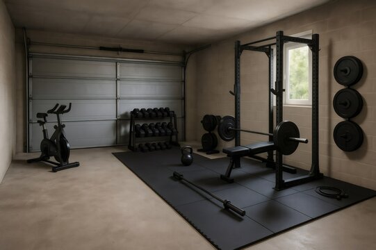 Well equipped home gym setup in a garage environment, showcasing a variety of exercise equipment for strength and cardio training