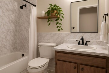 Interior of a modern rental bathroom showcasing a marble look shower and vanity area, complete with a wooden shelf, potted plant, and framed mirror