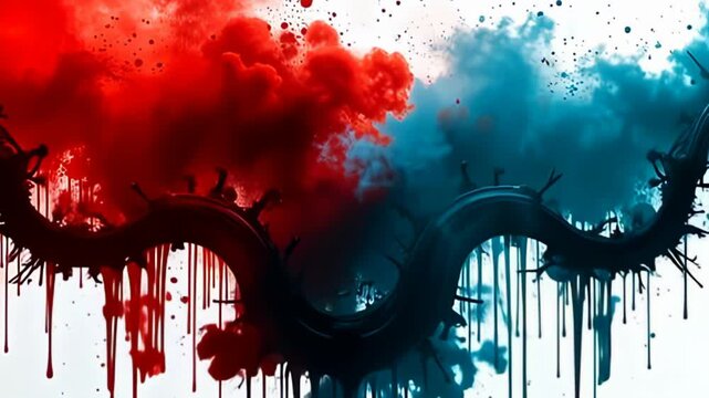 As vibrant splashes of crimson and teal intertwine, dripping lines forming noise hazy abstract silhouette emerge and dissolve, pulsating rhythmically with the music, as if inviting the