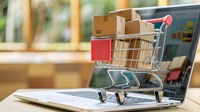 Mail cardboard boxes inside a miniature mini shopping cart on a laptop, e commerce, online shopping, buy online, sale, HD Background wallpaper