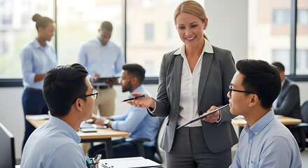 Business team meeting features a smiling female executive leading a discussion with diverse colleagues in a modern office setting.