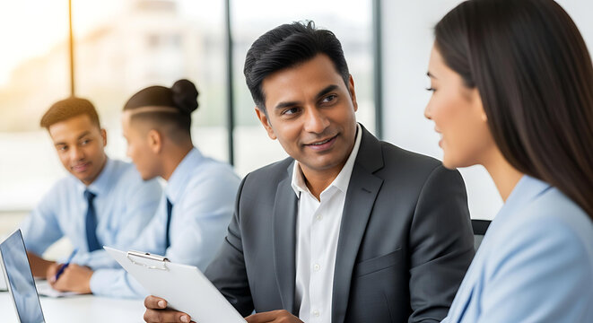 A diverse team collaborates in a modern office setting, fostering communication and teamwork for effective business solutions. - Powered by Adobe