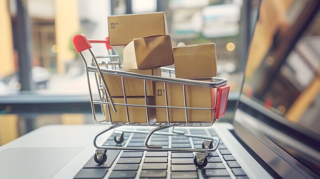 Mail cardboard boxes inside a miniature mini shopping cart on a laptop, e commerce, online shopping, buy online, sale, HD Background wallpaper