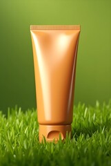 Elegant Packaging Concept: Glossy Makeup Tube on Crisp Green Lawn