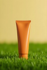 High-End Beauty Mockup: Caramel Plastic Tube with Natural Grass Base