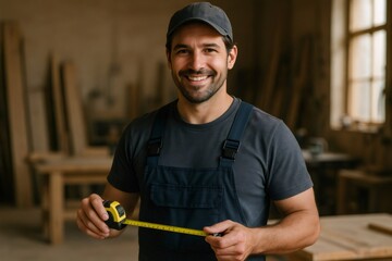 Skilled carpenter in a workshop smiles confidently while holding a tape measure. Wooden boards and tools are visible in the background
